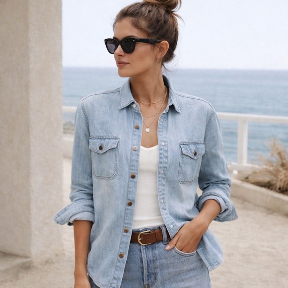 Current/Elliott Tops - Current/Elliott The Perfect Shirt Sunfaded Chambray Button Down Shrunken Fit